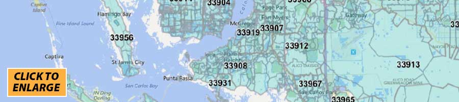 Lee County Zip Code Map - Florida County Maps - Florida Mailing Lists for  Sale
